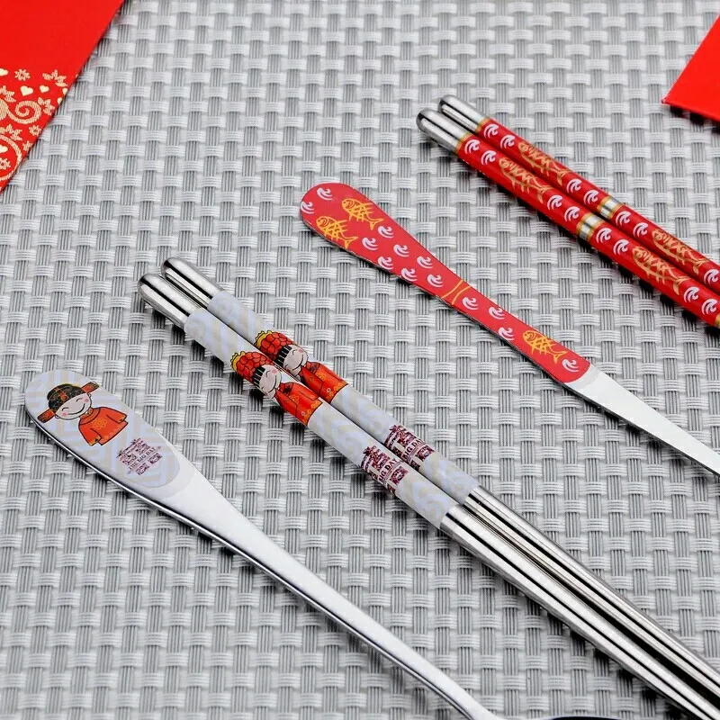 100 шт./лот посуда из нержавеющей стали Двойное Счастье красный цвет ложки наборы