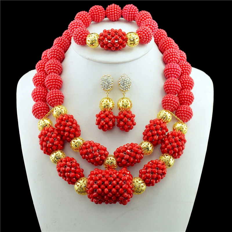 Набор ювелирных изделий золотого цвета 3 шт. набор и красного круглые ожерелье