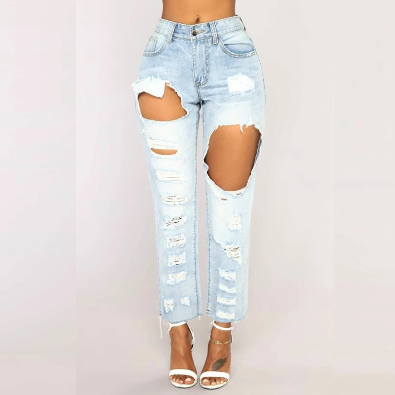 SEXY WOMEN JEANS Long tassel Jeans Women High Waist Skinny Pencil Blue Denim Pants ripped hole cropped slim fit women |