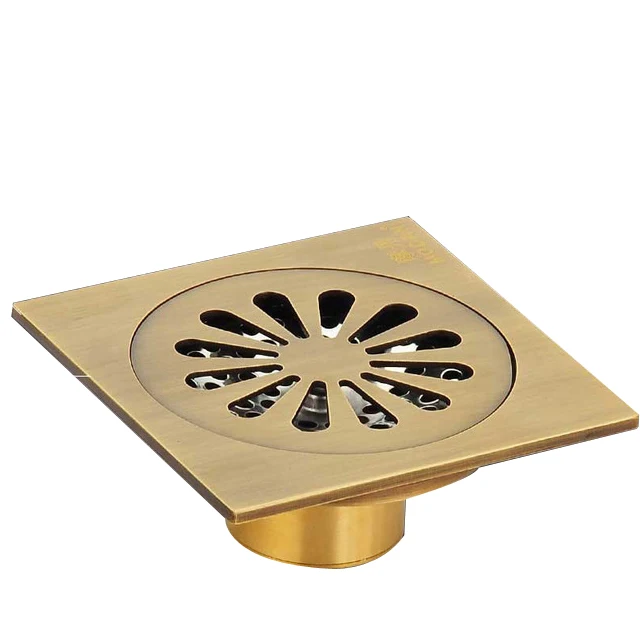 Brass Floor Drain M Стоки для душа 10*10 см, квадратные стоки для ванной, ситечко для волос, античная латунь, рыба, резные, Слив для ванной комнаты, Слив отходов, решетка для слива - Цвет: Brass Floor Drain M