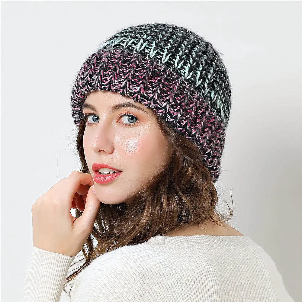 Зимние женские шапки gorros, цветные громоздкие шапочки для девочек, утолщенная женская шапка, вязаная шапка skullies Beanies - Цвет: B