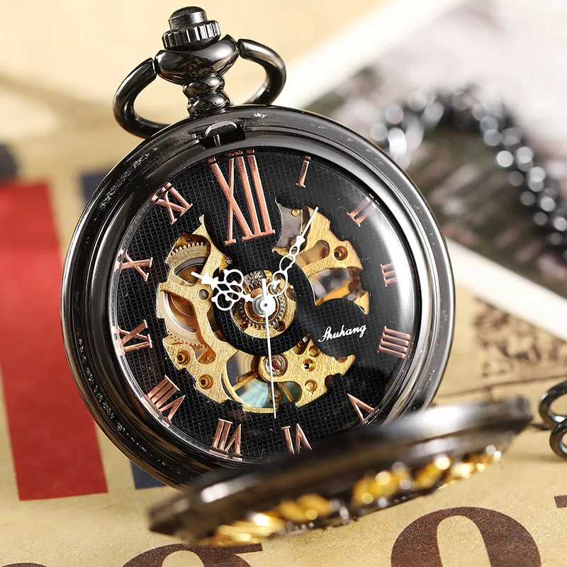 

Black Skeleton Hand Wind Mechanical Pocket Watch Men Women Vintage Big Roman Numerals Hollow Necklace Fob Chain Clock Pendant