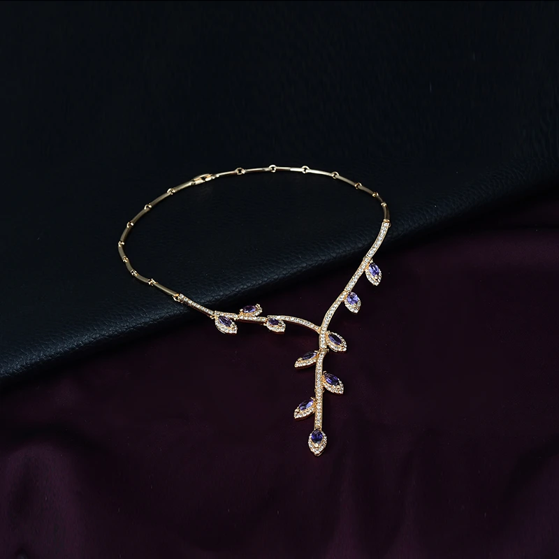 HOOSLIVER Gold Plated Rhinestone Necklace Earrings Bracelet Ring Refinement Jewelry Sets Leaves Shape 4 Pcs | Украшения и