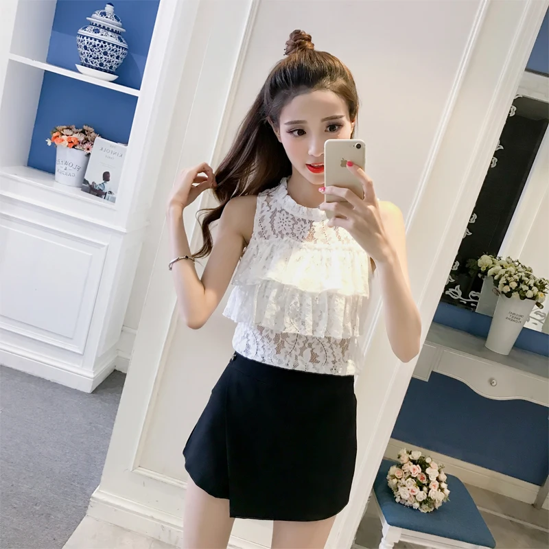Женская короткая кружевная блузка без рукавов с круглым вырезом|ruffle blouse|white lace