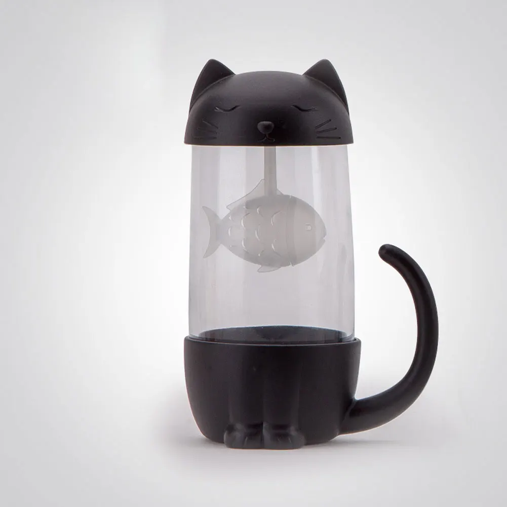 Stylish Hot Sale Lovely Glass Cup Tea Cat with Fish Filter Strainer Glass Cup Tea Infuser Filter Mug Home Office Container Gift