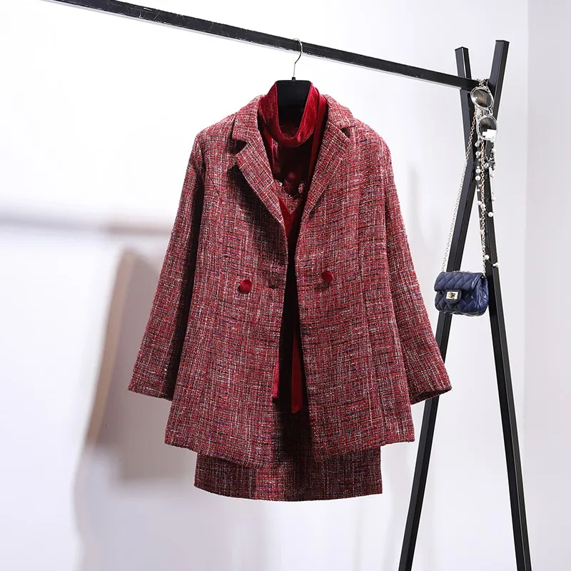 wine red Winter Temperament Ladies Small Fragrance Velvet Dress+ Knit Coarse Woolen Jacket Two Sets Women Plaid Coats Female Ribbons - Цвет: wine red