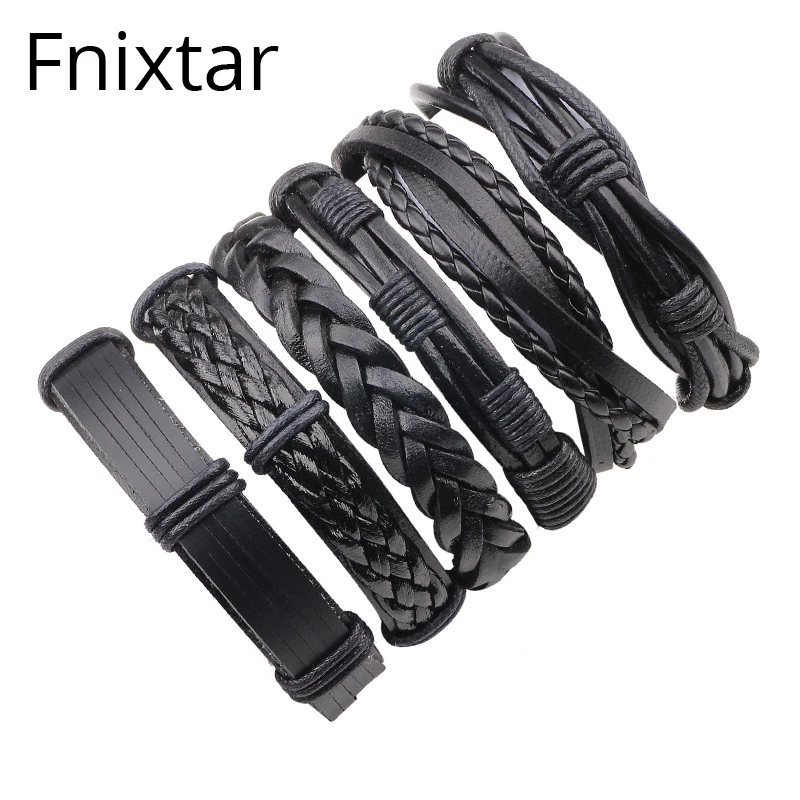 Fnixtar Панк Черные кожаные браслеты и мужские Ювелирные Модные для женщин