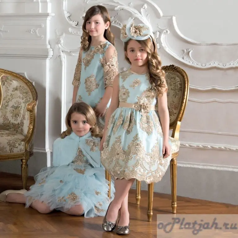 New Luxury Sky Blue Girls Dresses Champagne Applique Flower Girls Dresses Custom Made Girls Birthday Dresses