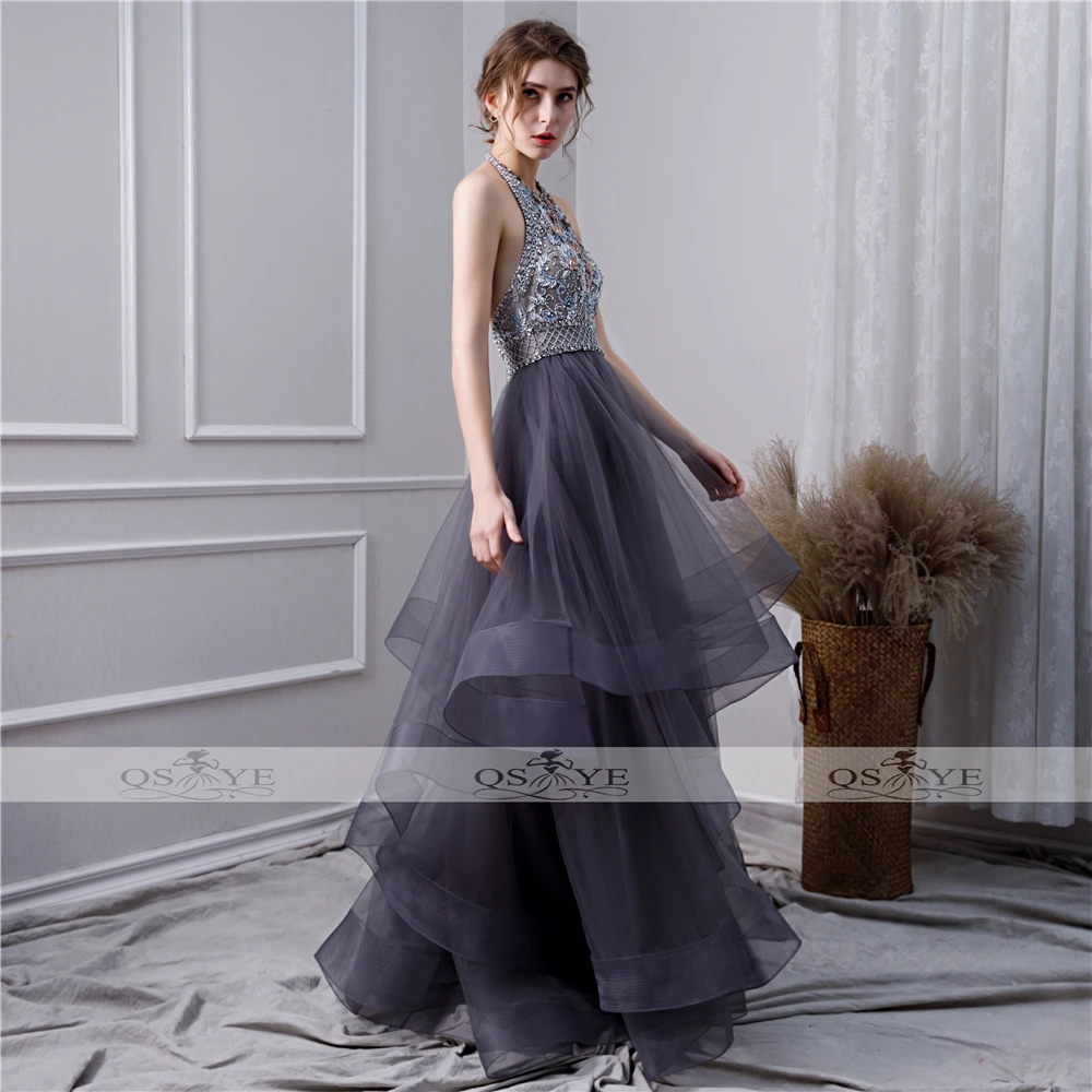 QSYYE Новое серое длинное платье для выпускного вечера Robe de Soiree с бретелькой через шею, с бусинами, цветами, Тюлевое сексуальное вечернее платье с открытой спиной, вечерние платья