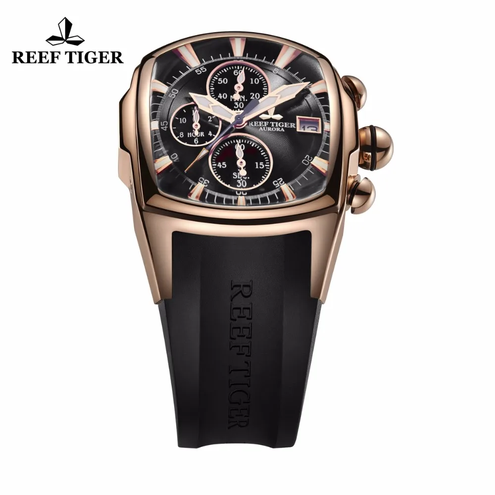 Reef Tiger/RT, большие часы пилота, мужские роскошные часы из розового золота с резиновым ремешком, водонепроницаемые спортивные часы с датой, мужские часы RGA3069