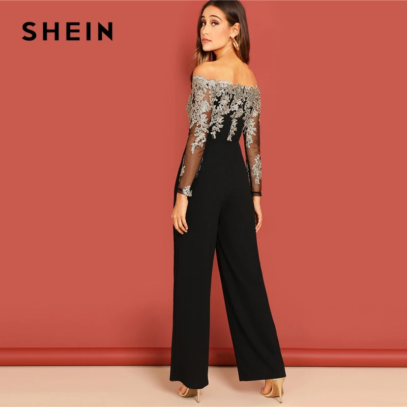 SHEIN Комбинезон С Вышивкой И Открытыми Плечами Женский Летний Черный Элегантный Комбинезон С Длинными Рукавами