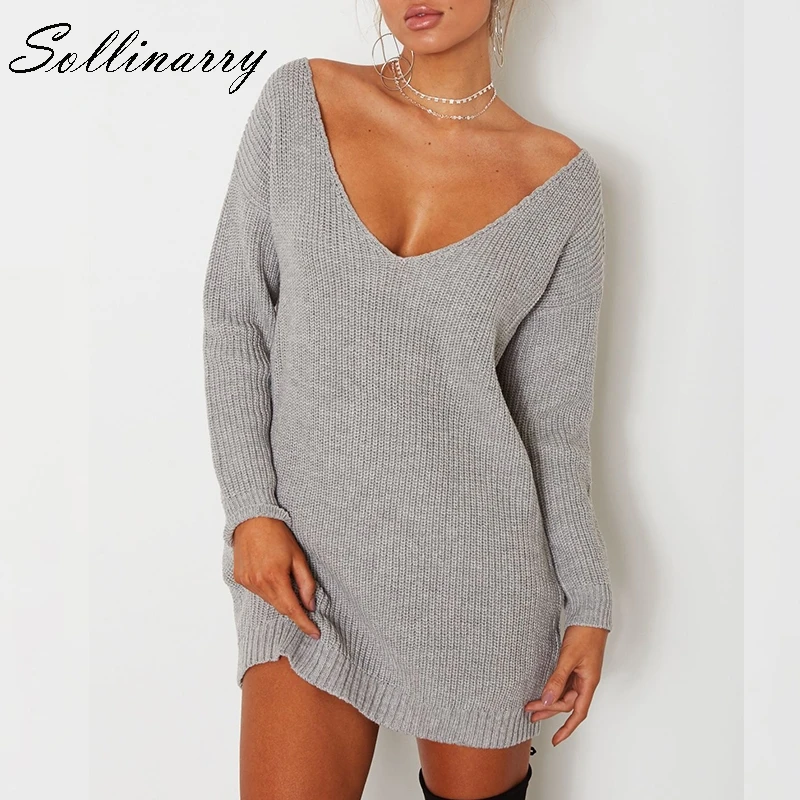 Sollinarry V Neck Off Shoulder Women's Knitted Sweater Dress Full Sleeve Long Casual Jumper Femme Pullover Autumn Winter Vestido | Женская