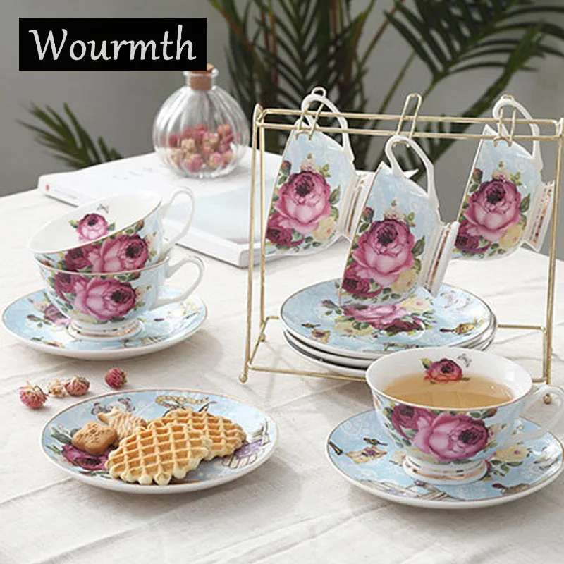 Blue 6 cup 6 saucer Wourmth европейские цветочные чайные чашки чайный горшок набор может быть стекло с обогревом чайный горшок костяного фарфора чайная чашка и блюдце послеобеденный чайный Ресторан - Цвет: Blue 6 cup 6 saucer