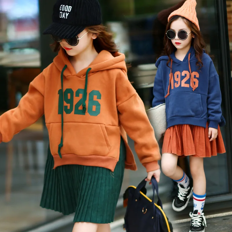Kids Girls Fleece Hoodie Dress Autumn 2019 New Long Sleeve Dresses Winter Hooded Thick Casual Big Girl Clothes | Детская одежда и