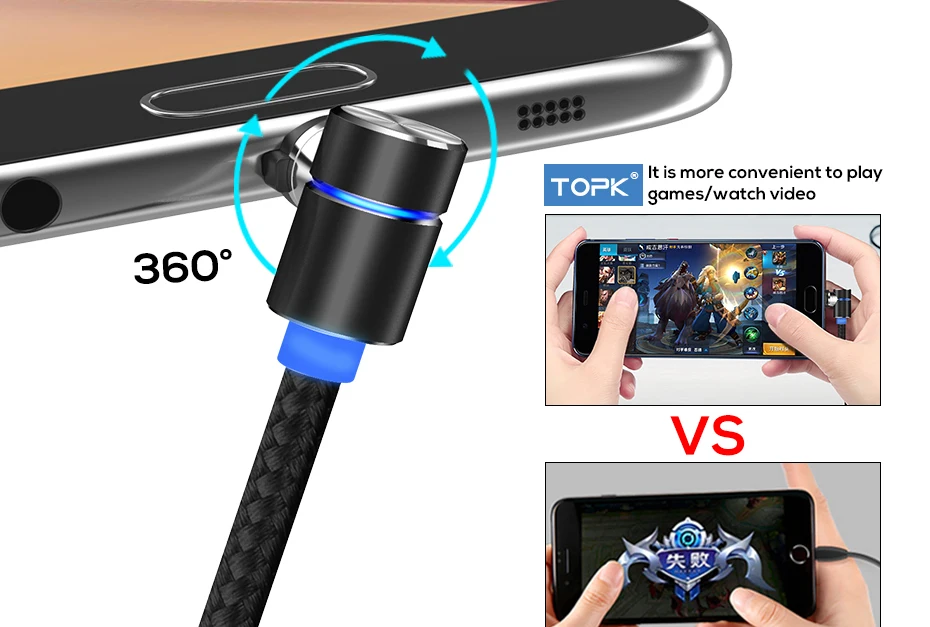TOPK 1 м 2 м светодиодный магнитный кабель Micro USB угол 90 градусов l-образный нейлоновый Плетеный зарядный кабель для Micro USB порта