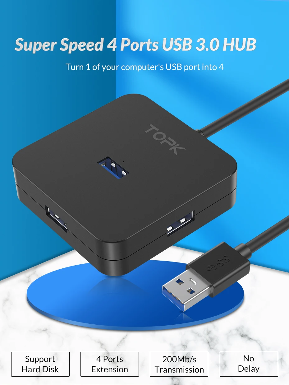 TOPK USB 3,0 HUB 4 Порты и разъёмы нескольких USB 3,0 высокоскоростной разветвитель 200 МБ/с.& Micro Зарядка через usb для школы, больницы для MacBook samsung huawei