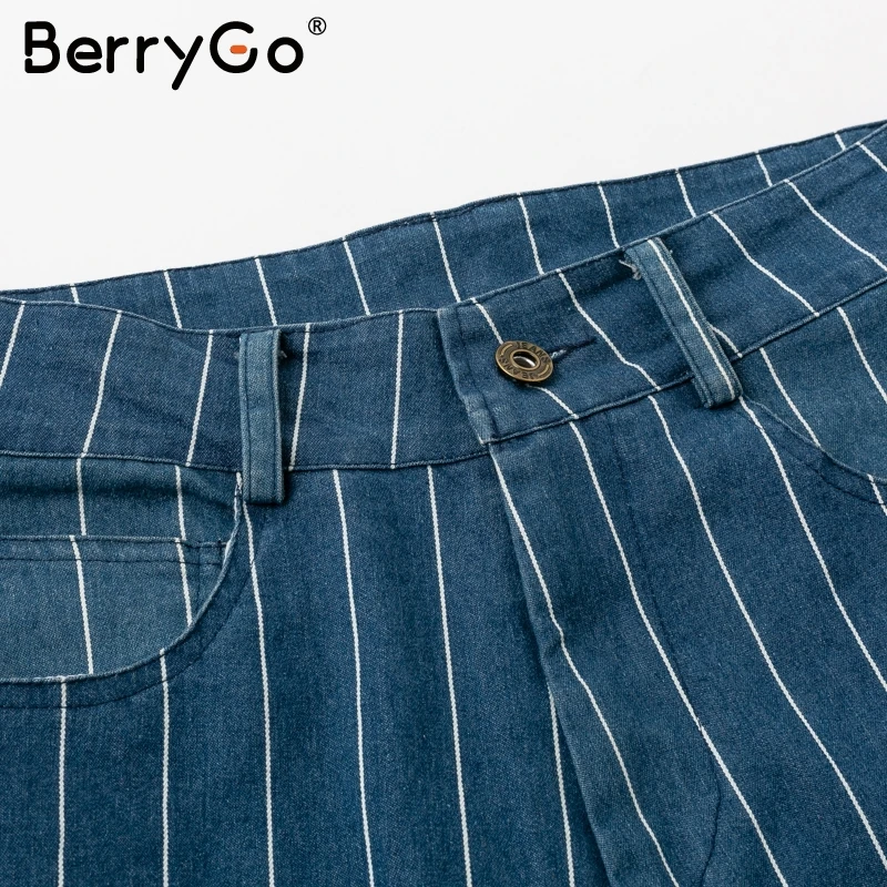 Женские джинсовые брюки BerryGo синие повседневные облегающие в полоску с карманами