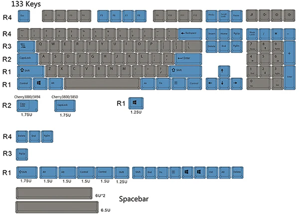133 keys Синий и серый микс keycap 108/133 клавиш PBT Вишневый профиль краситель-сублимированный MX Переключатель для механической клавиатуры keycap не клавиатура - Цвет: 133 keys