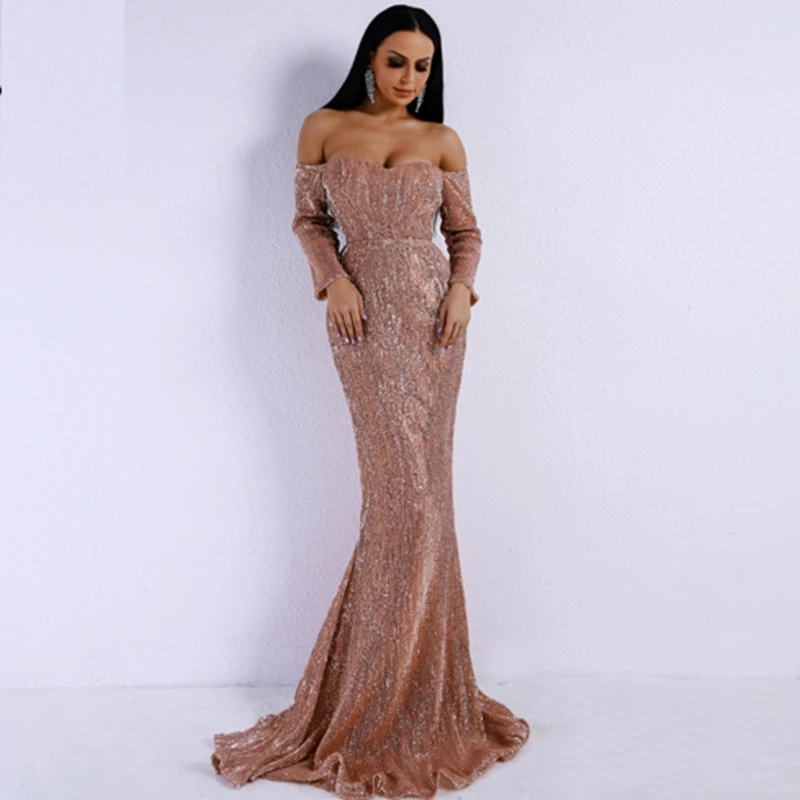 2019 Eelgant Maxi Dark Green Rose-gold blue Sequin Dress New Chic Summer Evening Celebrity Party Vestidos Off The Shoulder | Женская