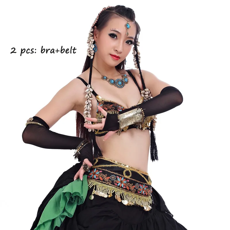 2pcs Set Bra belt АТС Племенной танец живота одежда для женщин 4 шт. комплект одежды бюстгальтер пояс 2 юбки цыганские танцевальные костюмы - Цвет: 2pcs Set Bra belt