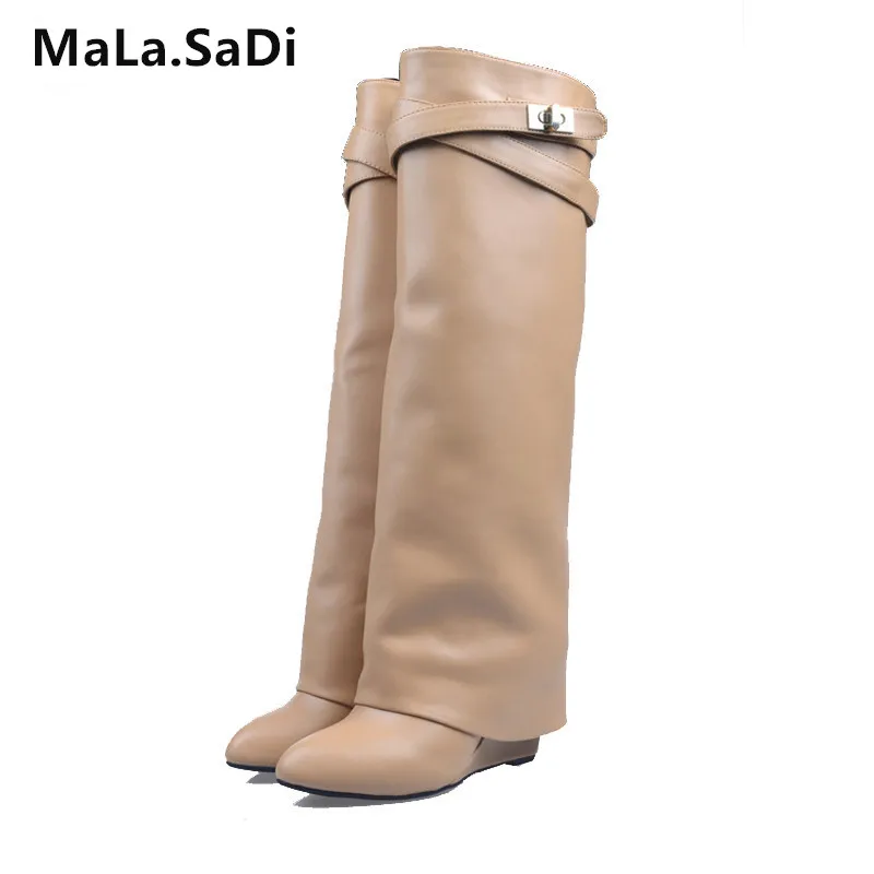

Fashion Women Genuine Leather Wedge Knee High Boots Silver Metal Shark Lock Belt Layer Shoes High Heels Knight Boots Size 35-42