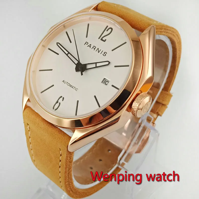 

43mm PARNIS wrist White Dial Rose Golden Plated Luminous Hands Sapphire Glass Date Miyota 821A Movement men's Watch W2773