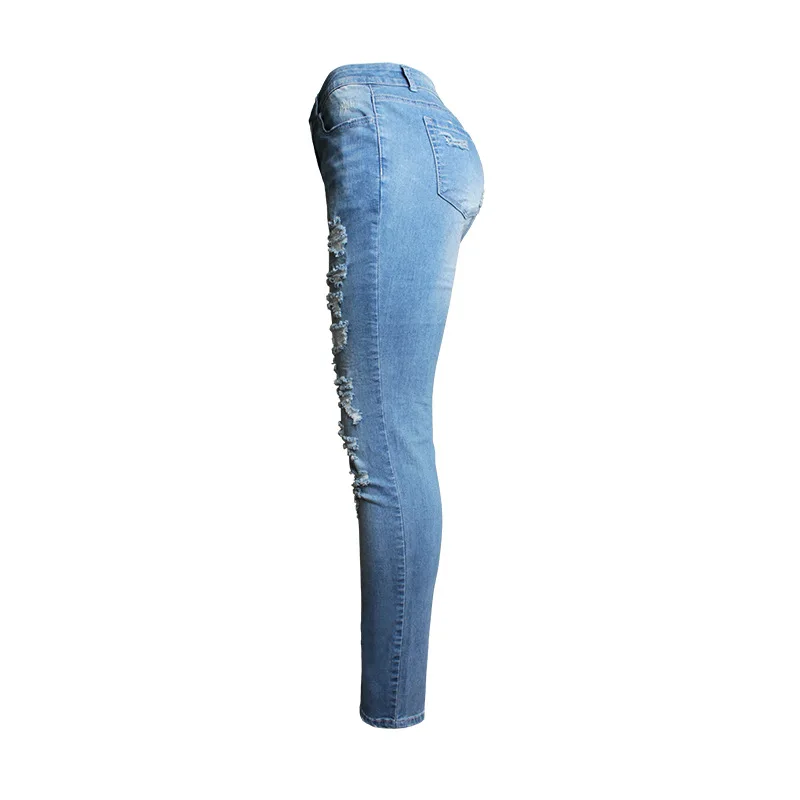 2018 women clothing casual fashion hole ripped tight elastic cotton jeans Female high waist skinny washed denim pencil pants 049 | Женская