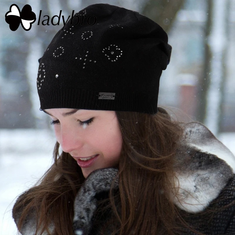 

Ladybro Women Wool Hat Flower Rhinestones Knitted Hat Autumn Winter Skullies Beanies Cap Warn Lady Bonnet Femme Warm Cap Female