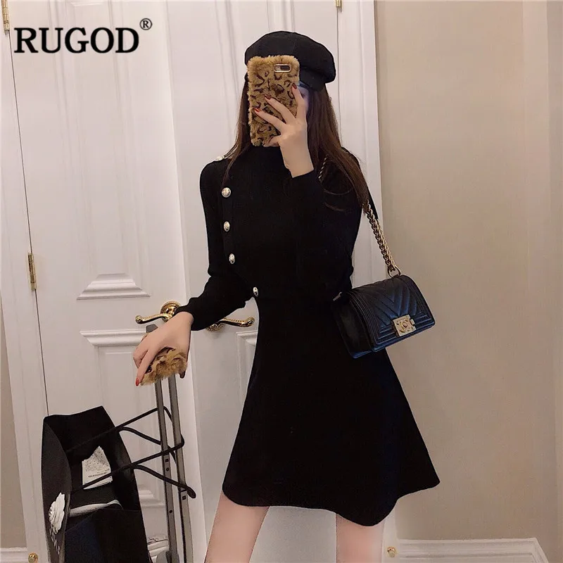 Женское винтажное платье RUGOD однотонное облегающее с длинным рукавом и круглым