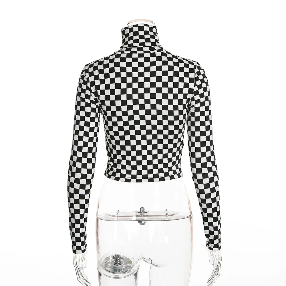 LOSSKY горячие новые сексуальные футболки женские черные белые клетчатые шахматные тонкие корп Топы женские футболки с длинным рукавом футболки топы