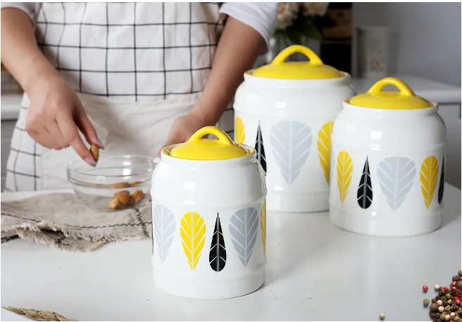 3Pcs Direct sales Nordic home kitchen storage ceramic sealed cans storage tank milk powder tea coffee sugar honey pot kimchi jar