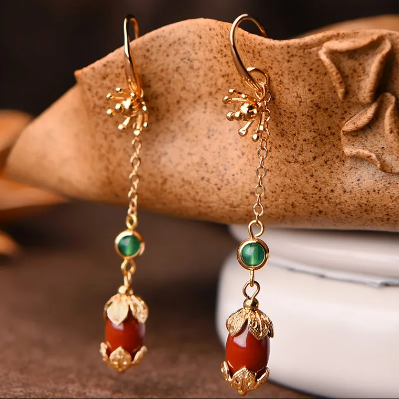 Экзотические серьги с искусственными камнями 14 K модные в национальном стиле