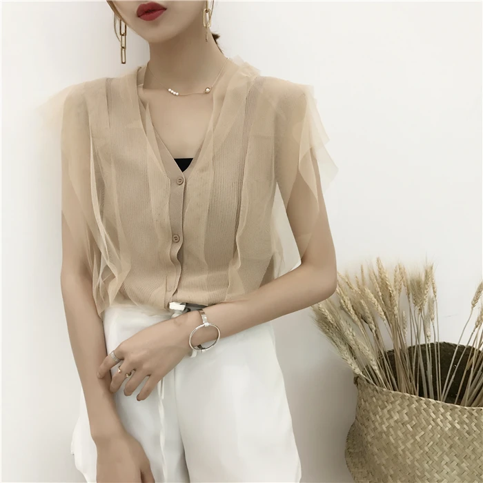 2017 Women Knitted Vest Shirts V Neck Mesh Patchwork Solid Short Style Woman Female Casual Summer Tank Tops |