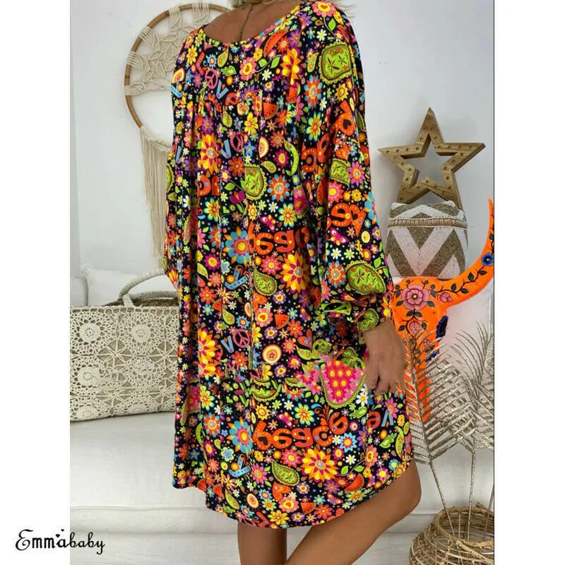 Women Long Sleeve V Neck Floral Mini Dress Kaftan Party Cocktail Baggy Sundress | Женская одежда