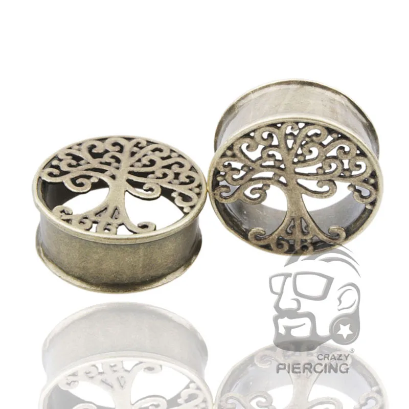 Tree Of Life Ear Plugs Antique Gold Double Flares Gauges Brass Flesh Tunnel Earring Plug Fashion Earrings | Украшения и