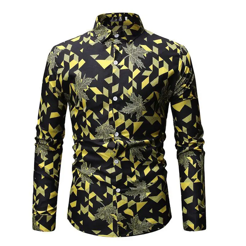Гавайская рубашка с длинным рукавом Повседневная мужская одежда Slim fit Мужские