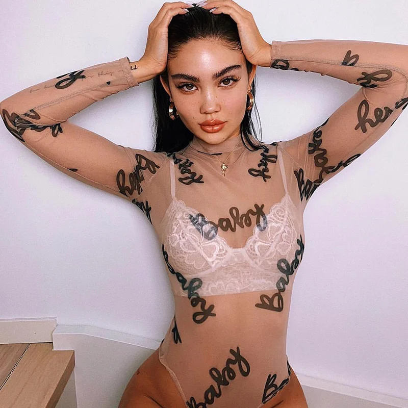 

Женское Сетчатое боди Sexy2019, летние рубашки с длинными рукавами и буквенным принтом, боди для женщин