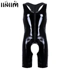 Мужское нижнее белье, латексные Тедди, костюм-кошка, сексуальное боди из лакированной кожи для геев, комбидресс с мокрым эффектом, на молнии, с вырезами, облегающие чулки