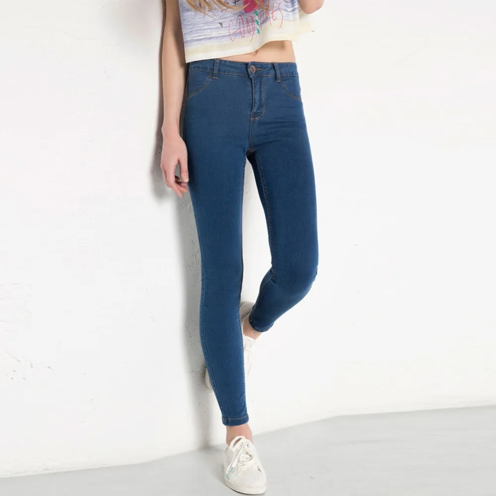 Женские облегающие джинсы на молнии Эластичные Классические темно синего цвета