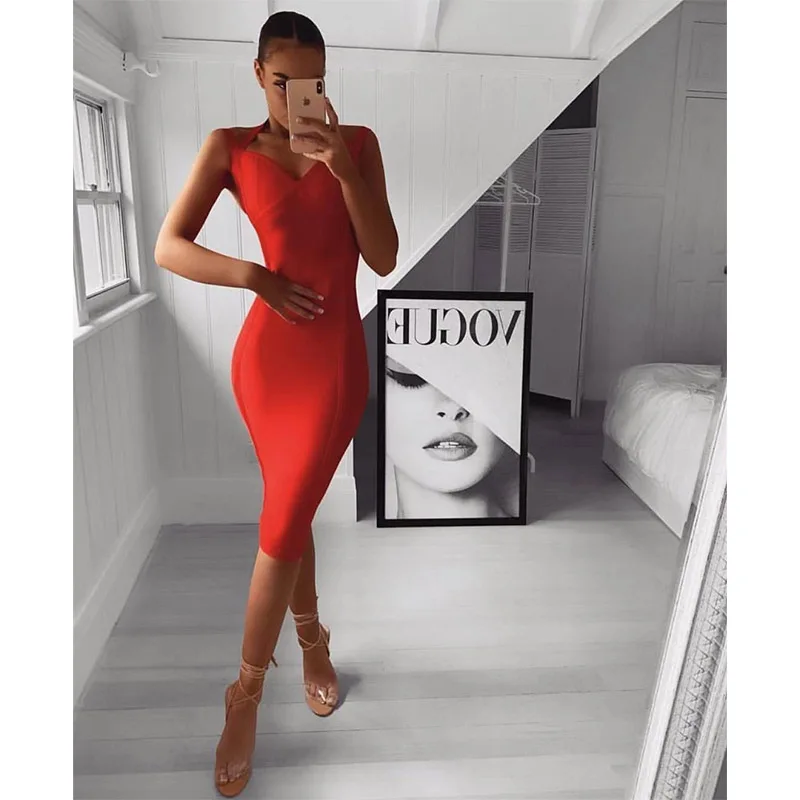 Женское облегающее платье до колен DEIVE TEGER 2019 сексуальное без рукавов с глубоким V