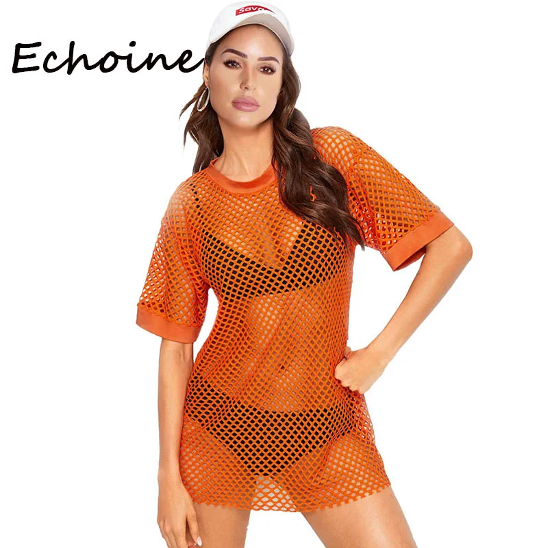 Echoine Casual O-neck Tops T Shirt See Through Short Sleeve Solid Color Women Summer Clothes 2019 2 | Женская одежда