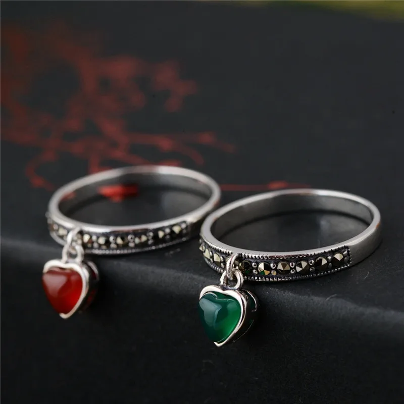 

BESTLYBUY 100% Настоящее серебро 925 пробы Ретро ювелирные изделия зеленый и красный тон Сердце кольца для женщин любовник День матери Подарки