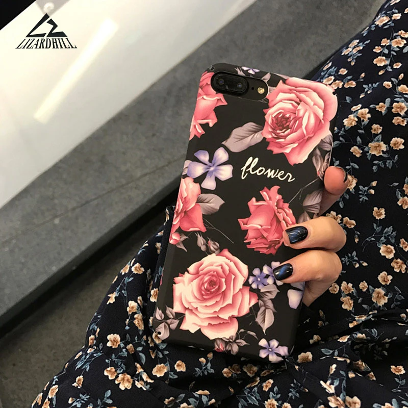 Lizardhill Hard Flowers Black Rose Phone Cases For iPhone 7 Cover 6 6S 8 Plus Mobile Bags &amp Capa fundas |
