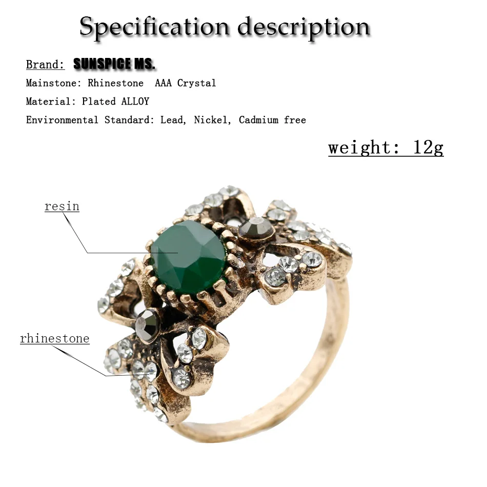 Женское Винтажное кольцо SUNSPICE MS. турецкое античное Золотое полимерное на палец