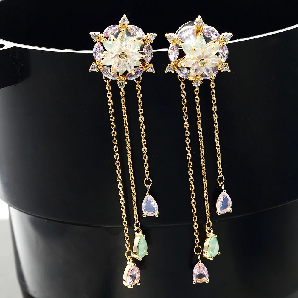 Long Chains Earrings for Office Ladies with Full AAA+ Cubic Zirconia Zircon Earring Flower Wedding Party Gift Female New Fashion | Украшения