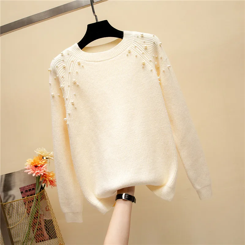 Autumn winter 2018 women sweaters and pullovers bead lantern sleeve knitted sweater pullover female grey slim jumpers | Женская одежда