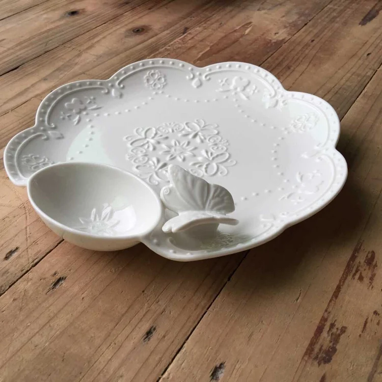 Ручная работа тиснение бабочка белая керамическая тарелка для пельменей с
