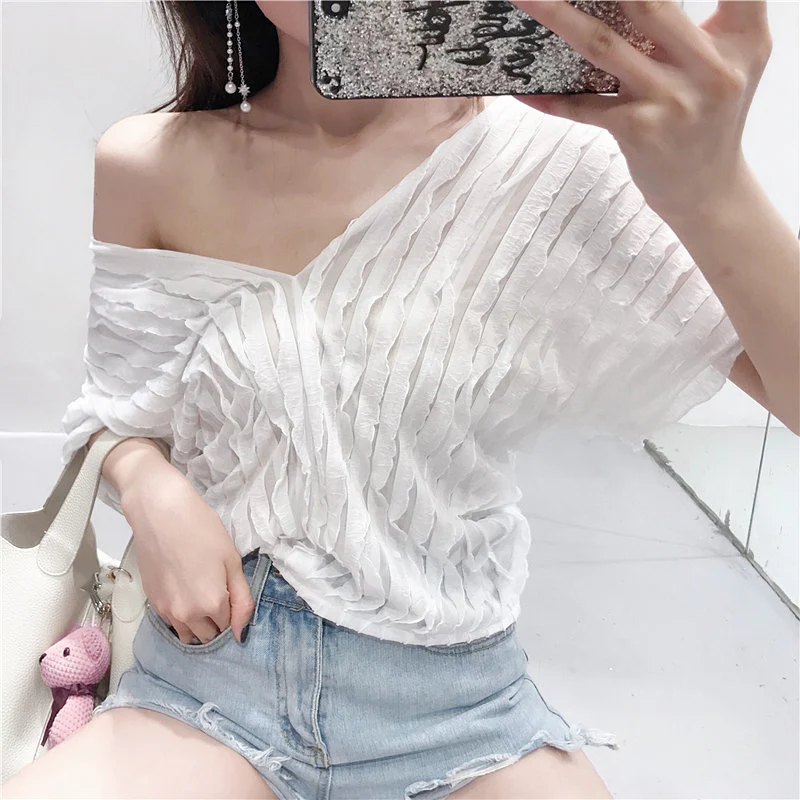 Женская шифоновая блузка ALPHALMODA летняя Свободная с треугольным вырезом | одежда