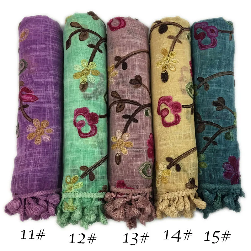 Женский вышитый хиджаб цветочный шарф шали мусульманский хлопок Пашмина