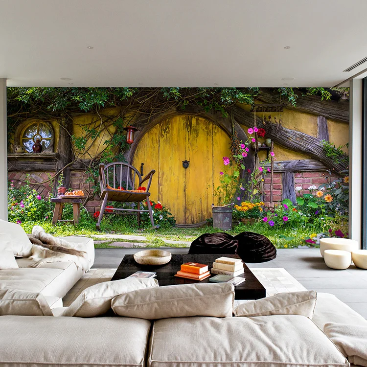 HD Европейский сад кабина круглая деревянная дверь Большая фреска Ресторан Бар